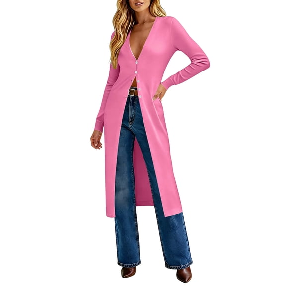 hoksml Women's Long Sleeve Open Front Maxi Cardigan, Button Down Casual Duster Top Coat