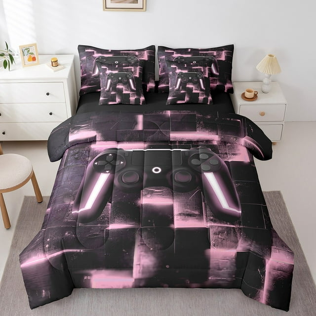 YST Girls Gamer 7-Piece Comforter Set, Black and Pink, Gaming Video Game Theme