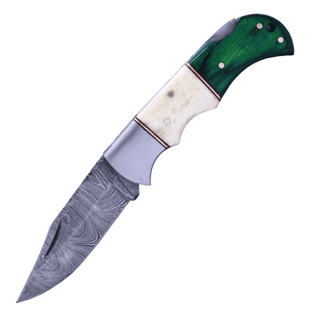 TheBoneEdge 6.5 Damascus Blade Folding Knife Wood & Bone Handle Steel Bolster With Pouch