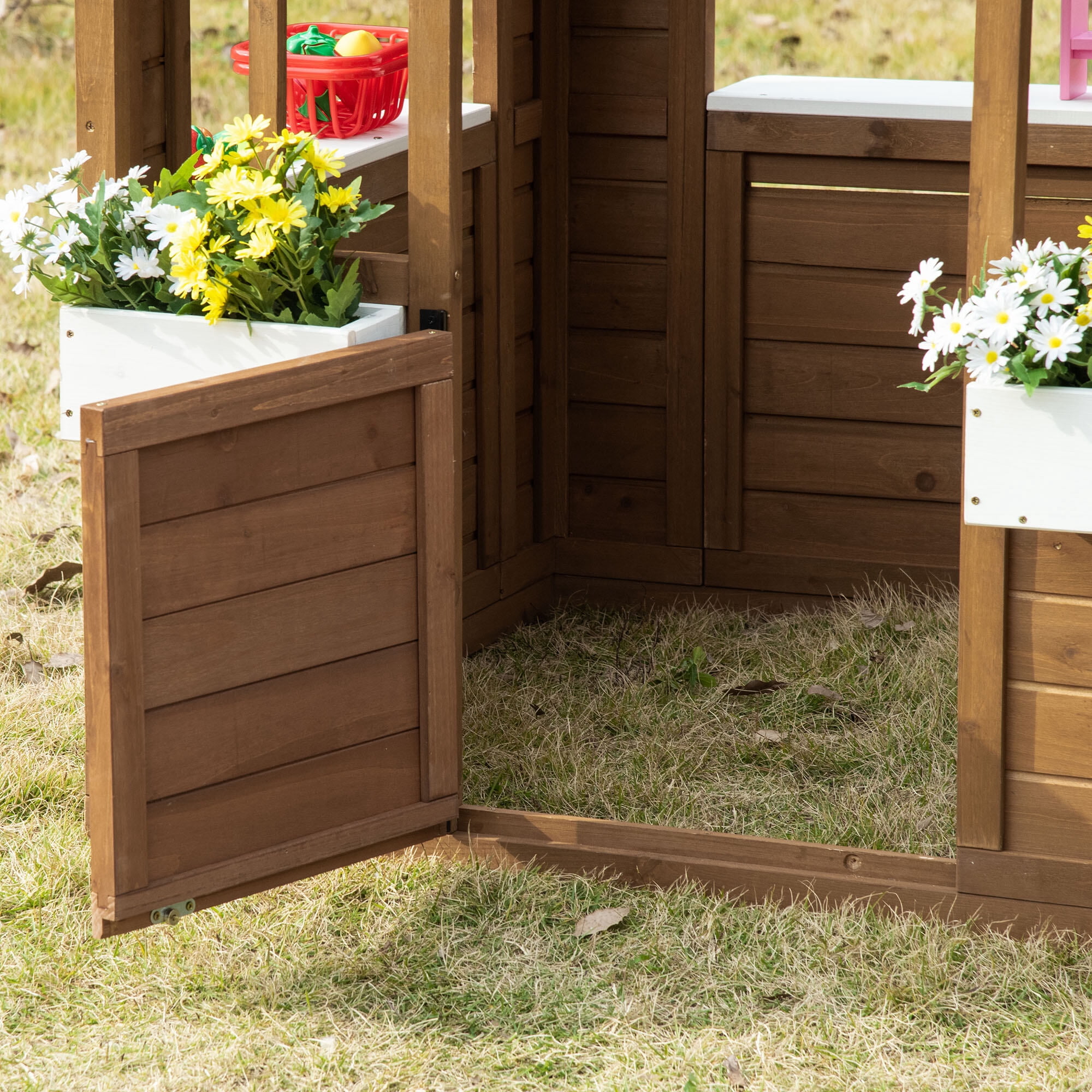 Baby Furniture, Kids Wooden Playhouse, Outdoor Garden Games Cottage, with Working Door, Windows, Flowers Pot Holder, 47" x 38" x 54", Brown Kids Furniture,Wood Kids Furniture