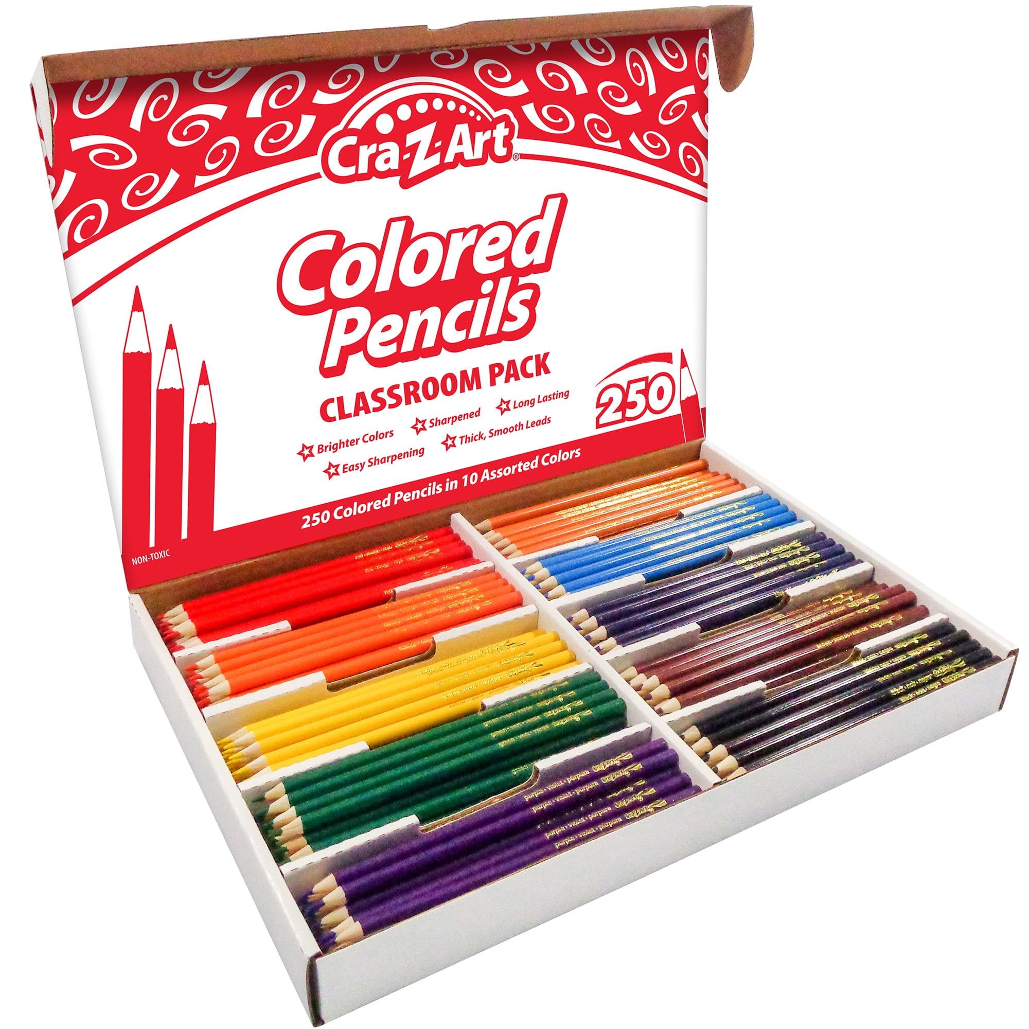 Cra-Z-Art: Classroom Pack: Colored Pencils - 250 Pieces - 10 Assorted Colors Set, Quality Wood/Lead Sharpened Pencils, Bulk Pack, School Art Supplies