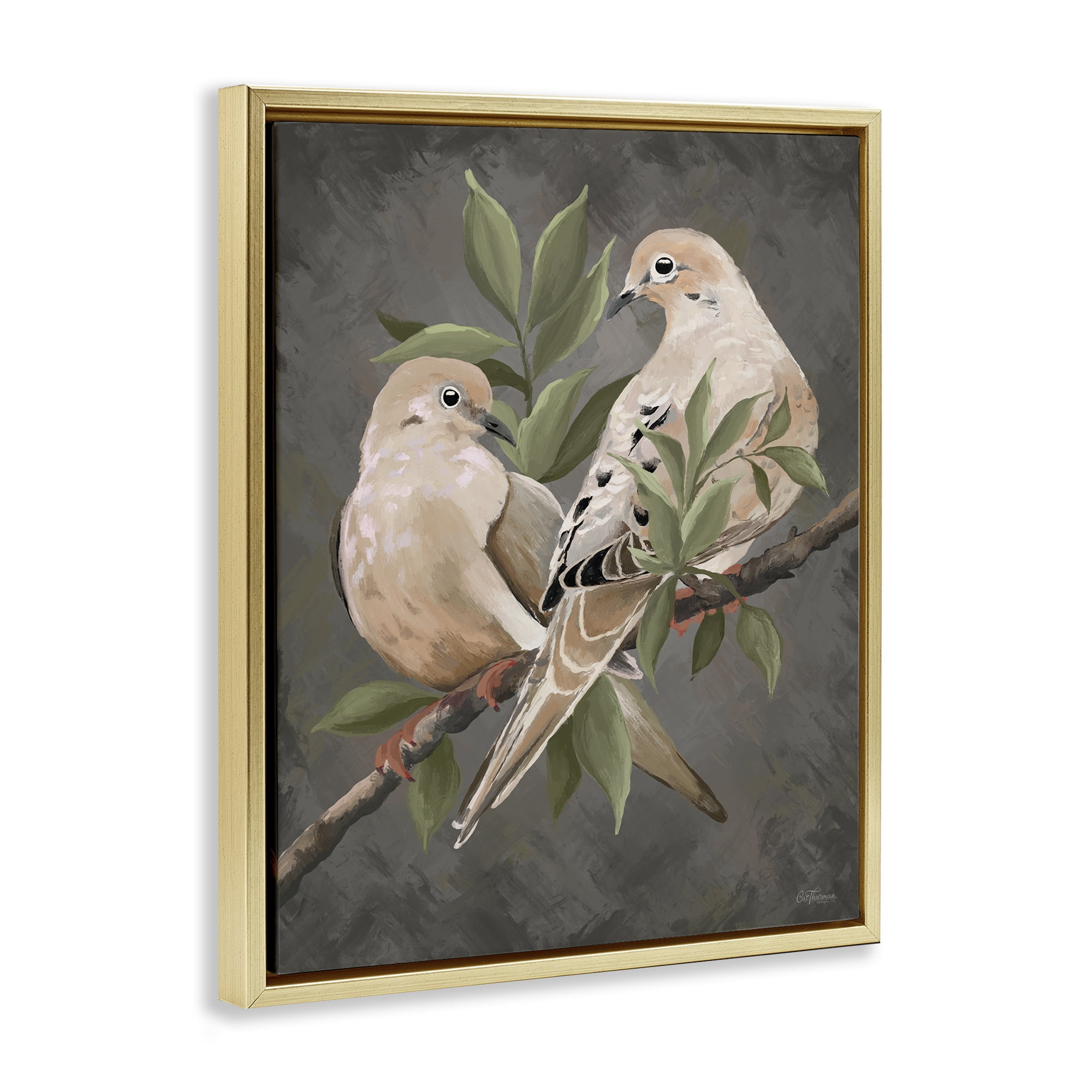 Stupell Industries Bird Pair on Grey Animals Painting Gold Floater Framed Canvas Art Print Wall Art, 25 x 31