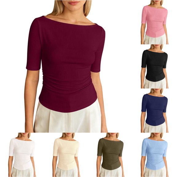 Knit T Shirt Casual Everyday Top with Round Neck and Mid Sleeves for Daily Wear in Solid Color