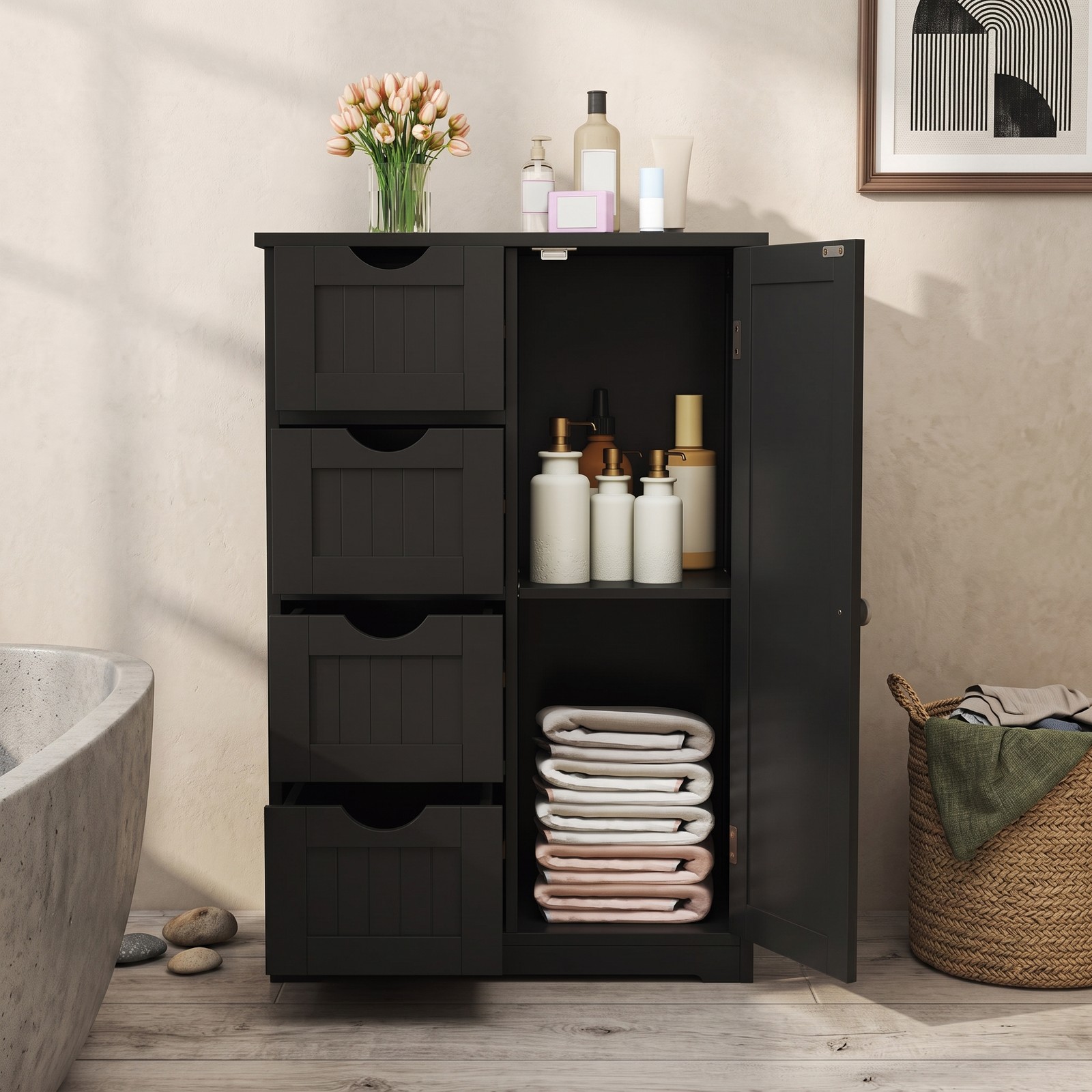 Fenbeli 4-Drawer Wooden Storage Cabinet with Side Door, Freestanding Bathroom Floor Organizer Chest for Living Room Bedroom Hallway, Modern Nightstand with, Black