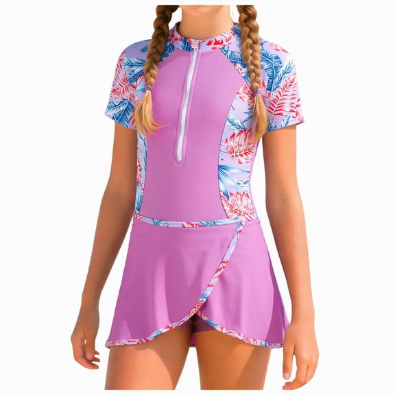 mgoYE Girl Swimsuit Size 10-12 Bikini Girls Swimsuit Ruffle Girl One Piece Bathing Suit Solid Swimsuits Ruched Sleeveless Girls' Swimwear(Purple,7-8 Years)