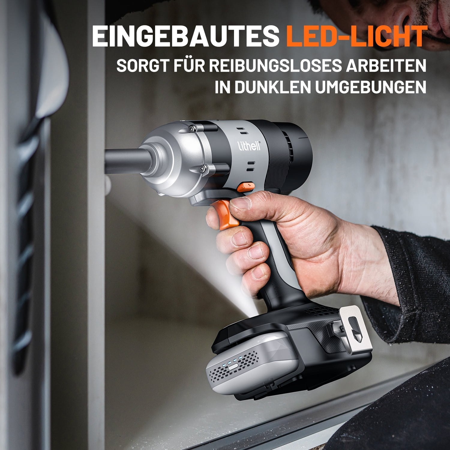 Litheli 20V Cordless Impact Wrench includes 1/2" Impact Drill with 400N.m Max Torque and LED Light for Dark Environment, 2.0Ah Battery, 4PC Socket Wrench and Tool Bag