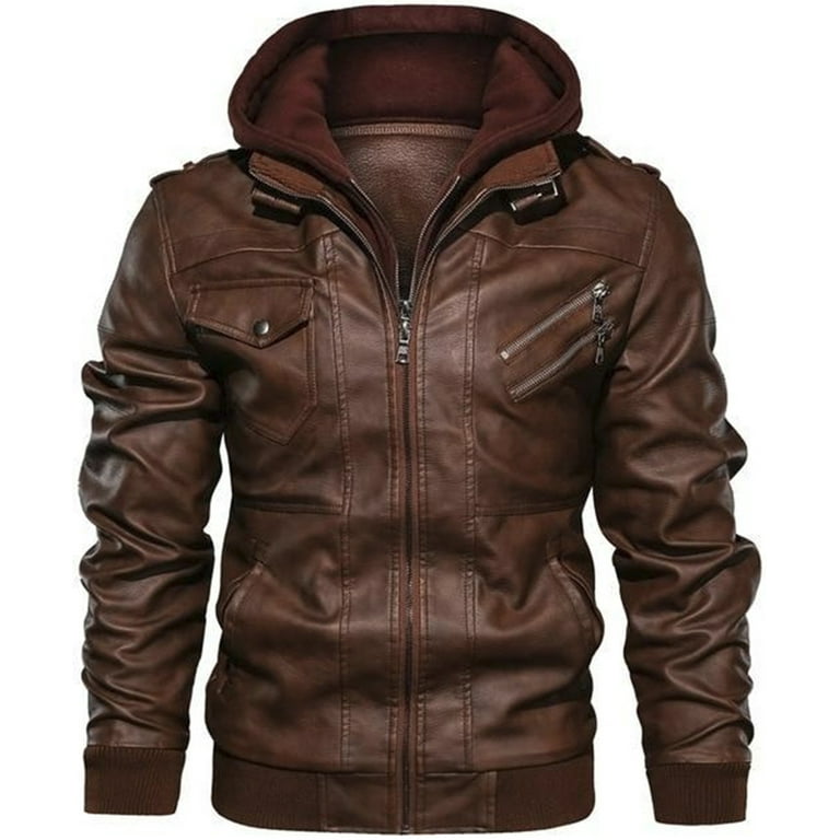 FEDTOSING Men's Faux Leather Jacket Retro Zip-UP Stand Collar Motorcycle Bomber Jackets with Removable Hood
