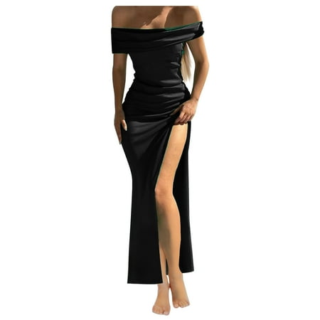 Efsteb Trendy Prom Dresses for Women Formal Short Sleeve Dress Cocktail Party Solid Color Dress Elegant One Shoulder Side Slit Dresses Stretch Slim Bag Hip Long Dress Clearance Black XXL