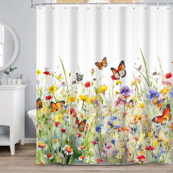 MIZHONA Spring Butterfly Shower Curtain Floral Fabric Bathroom Curtain 72"W x 72"L