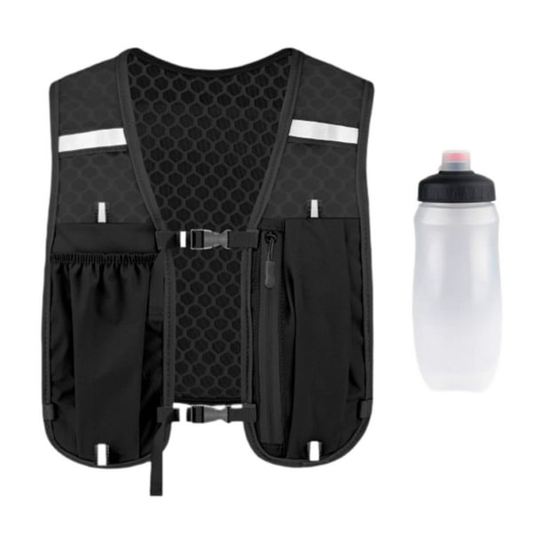 Chaleco de hidratación para correr para hombre y mujer, ajustable, con botella de gimnasio, transpirable. Negro