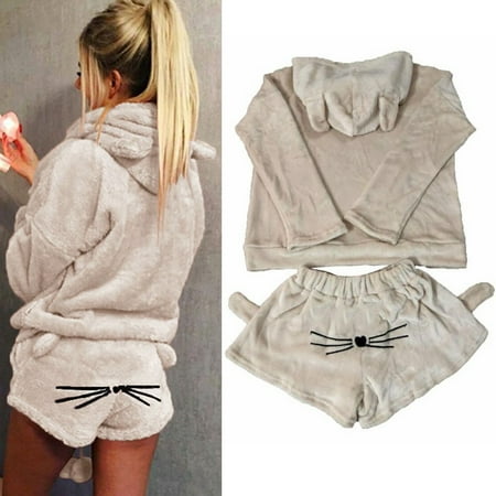 

Women Solid Color Warm Winter Set Two Piece Cute Cat Pajamas Hoodie Sleepwear Note Please Buy One Or Two Sizes Larger