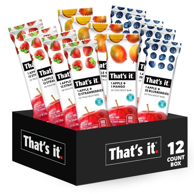 Variety Pack 100% Natural Real Fruit Bar, Best High Fiber Vegan, Gluten Free Healthy Snack, Paleo for Children & Adults, Non GMO No Added Sugar, No Preservatives Energy Food (12 Pack)