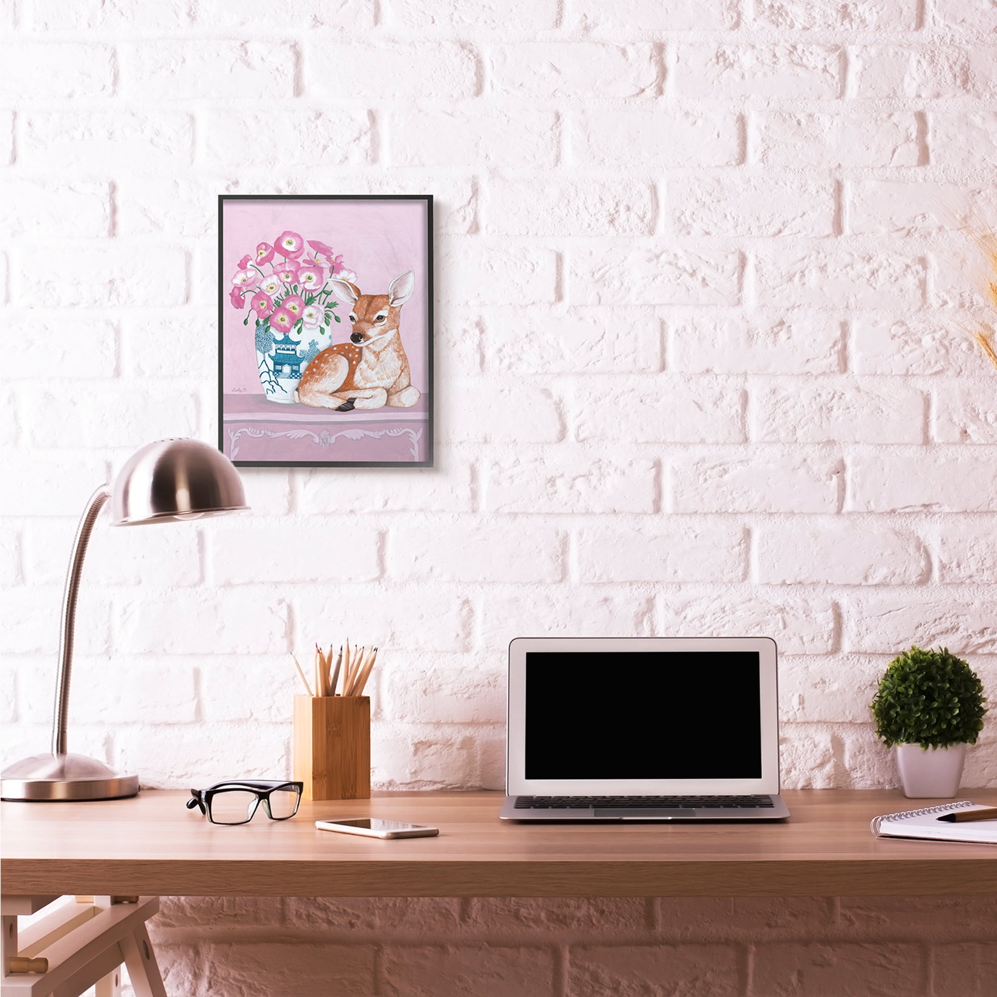 Stupell Industries Flower Vase And Deer Pink Animal Painting Framed Wall Art by Sally B, 16" x 20", Black Framed