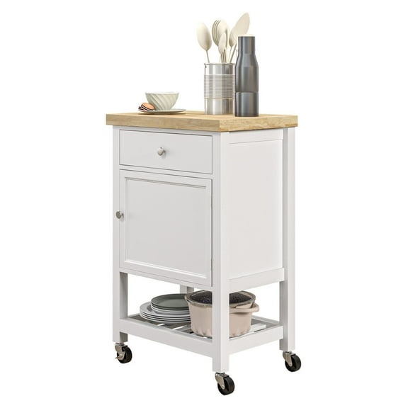 SAZYY White Kitchen Cart with Rubberwood Top, Rolling Island with Drawer, Wine Rack & Cabinet on Wheels