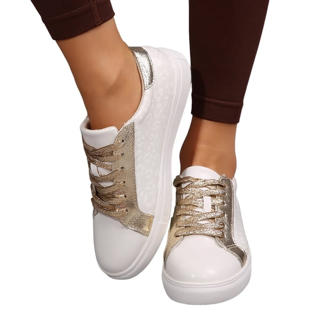 Womens Metallic Gold Color Block Low Top Fashion Sneakers Spring Fall Bling Casual Walking Flat Shoes