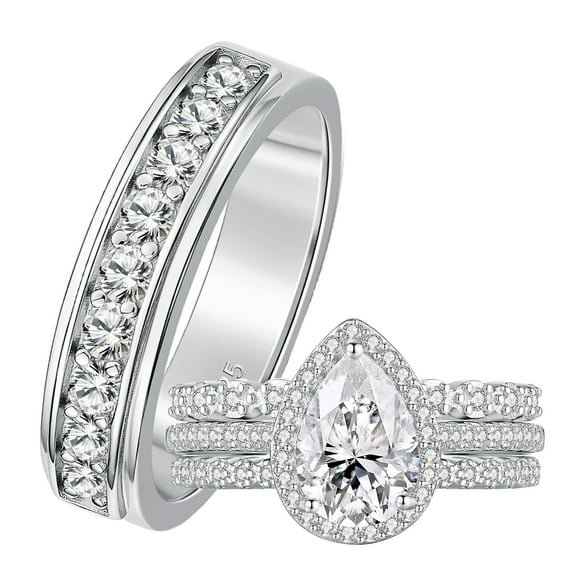 SFTING Wedding Ring Sets His and Hers 4Pcs 925 Sterling Silver 5A CZ Couple Wedding Rings Engagaement Ring Set Size 9&7