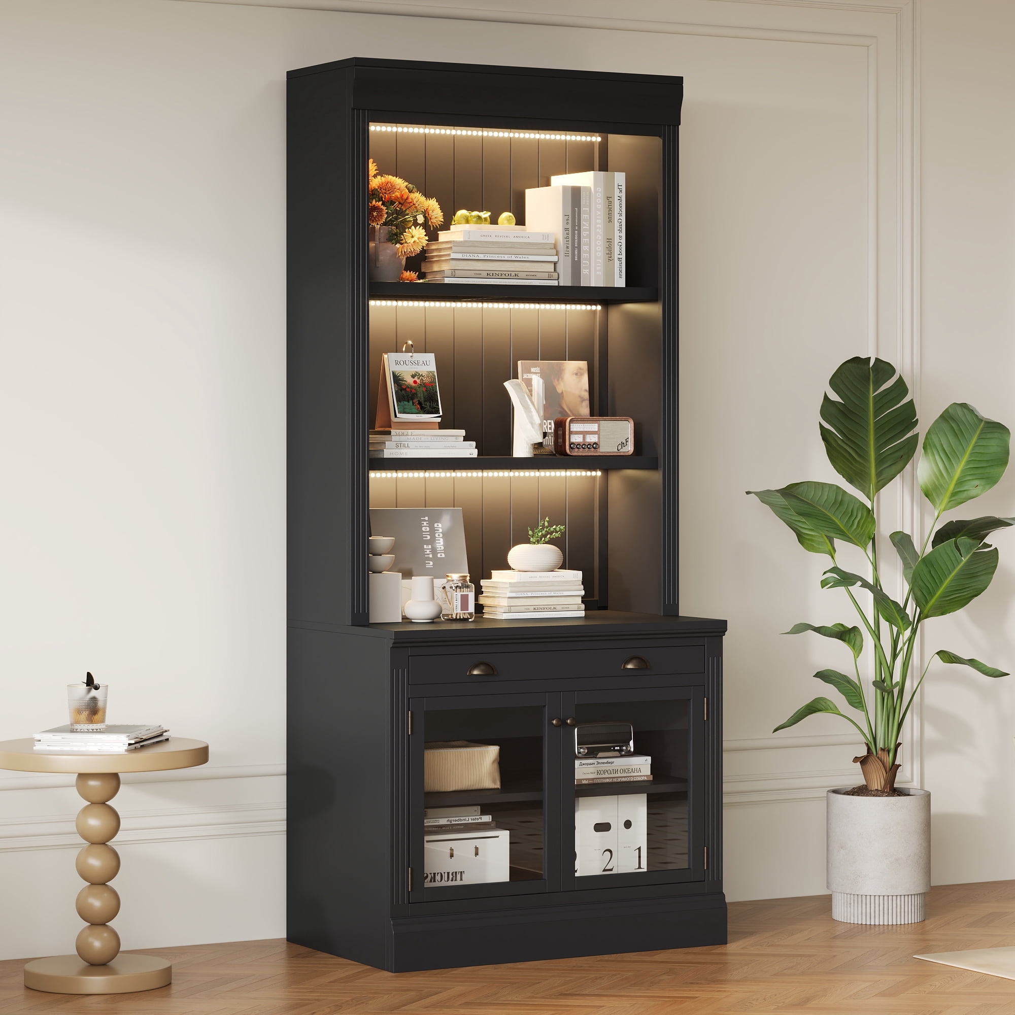 Euroco 83.4"Tall Bookshelf with 3 pieces LED Lighting, Modern Bookcase with 2 Glass Doors and 1 Drawer,Storage Bookcase with Open Shelves for Living Room,Home Office,Black