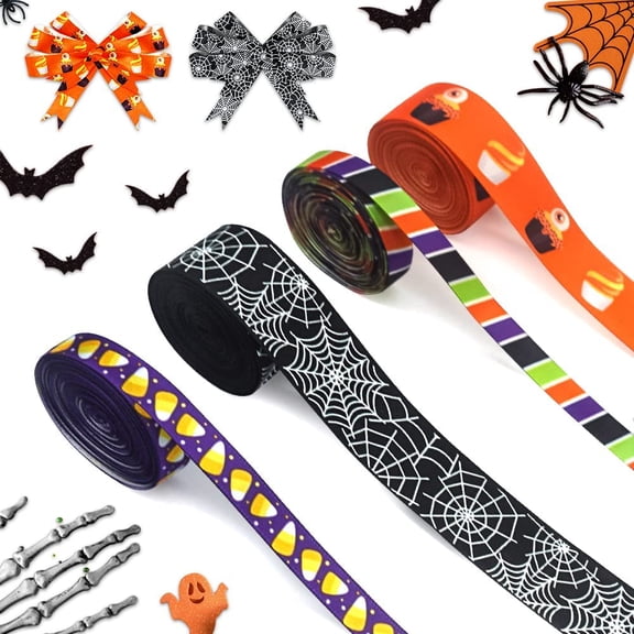 Hsomely 4PCS Halloween Ribbons, Cupcake Candy Spider Web Satin Ribbon 5 Yards for Gift Wrap Indoor Outdoor Party Craft Decor