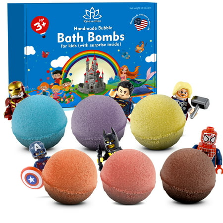 Organic 6 Bath Bombs with Superhero Figures Toys inside for Kids by Relaxcation Brand