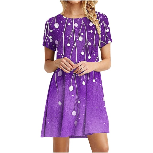 Vestido de Manga Corta para las Mujeres Casual Impreso Cuello Redondo, Vestido de las Señoras para la Primavera Y el Verano de Uso Diario
