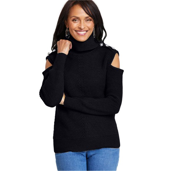 I.N.C Womens Turtleneck Cold Shoulder Pullover Sweater, Black, X-Large