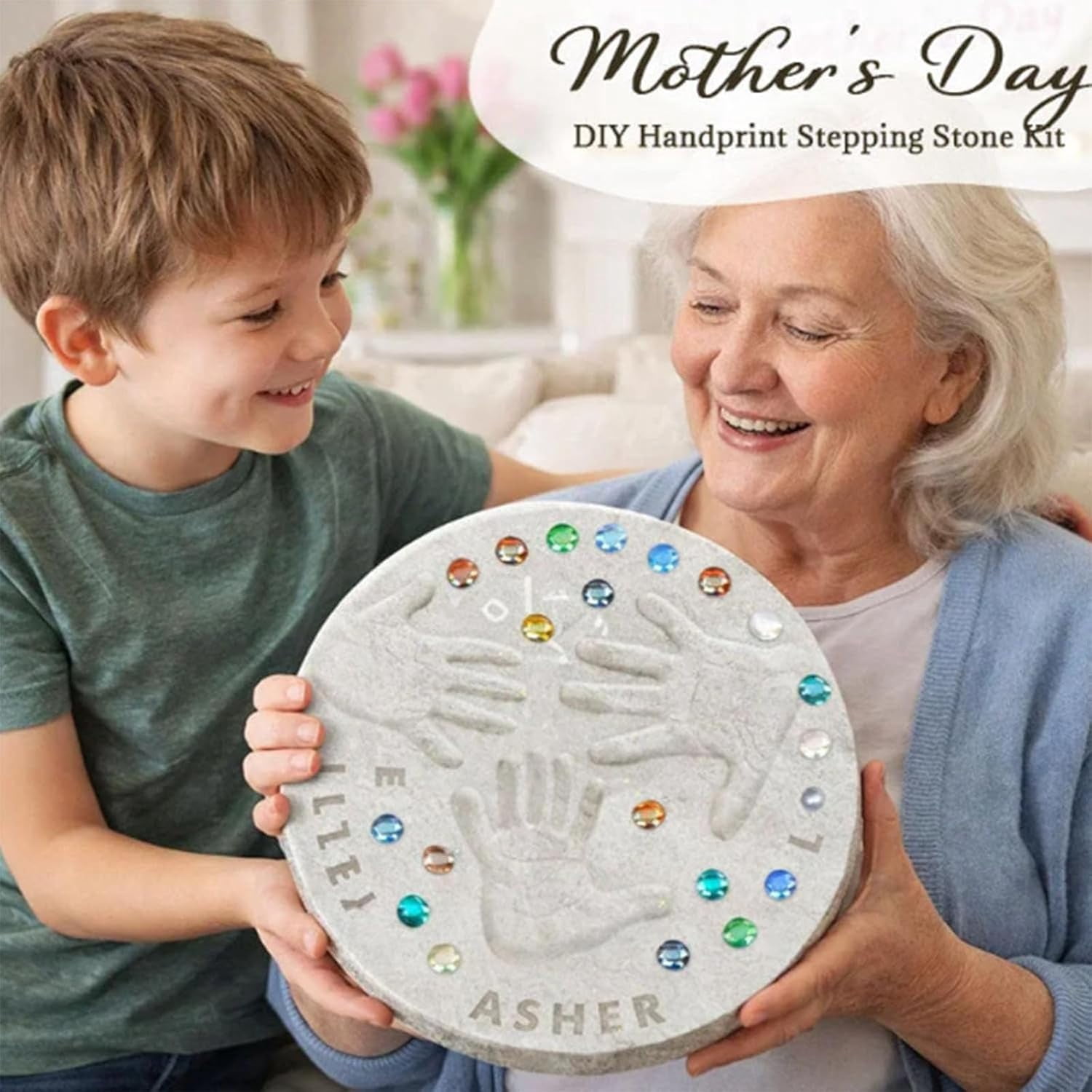 Mother's Day DIY Handprint Gift Kit, Large DIY Handprint Stepping Stone Kit, Indoor Outdoor Family Keepsake Gift, Includes 1 Mod, 26 Letter Stamps, and Colored Stones (12 in)