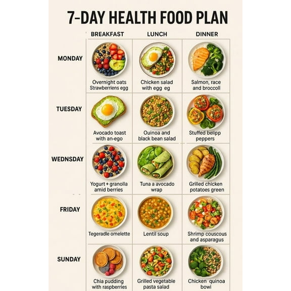 7-DAY HEALTH FOOD PLAN Healthy nutrition checklist poster meal planning healthy cooking poster, wall decoration suitable for kitchen living room bedroom poster