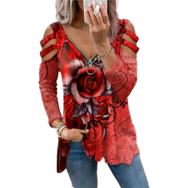 Diconna Femmes T-shirt Imprimé Rose à Manches Longues Fermeture Éclair V-Cou Pull-Over