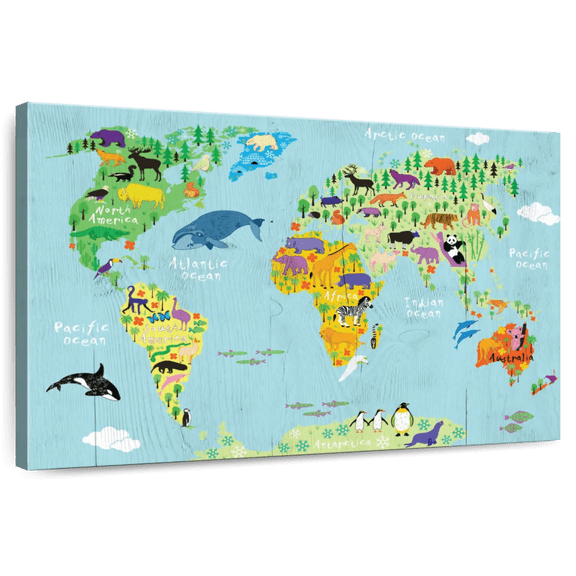 Elephant Stock Domestic Animals World Map Wall Art - Horizontal Canvas Wall Art - Living Room Wall Decor - Map Canvas - Beige And Gold Decor - 12" x 8"