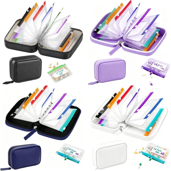 NovaStitch 14 Day Travel Pill Organizer Kit Personal Portable Medicine Storage Binder With Separate Pill Pouches For Daily Supplement Sorting Black