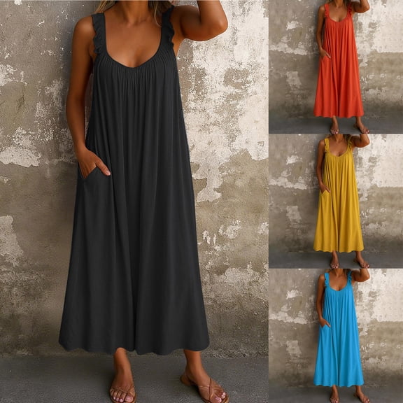 TAGOLD Womens Short Sleeve V Neck Dress Solid Color Casual Loose Plus Size Flowy Mid Length Style