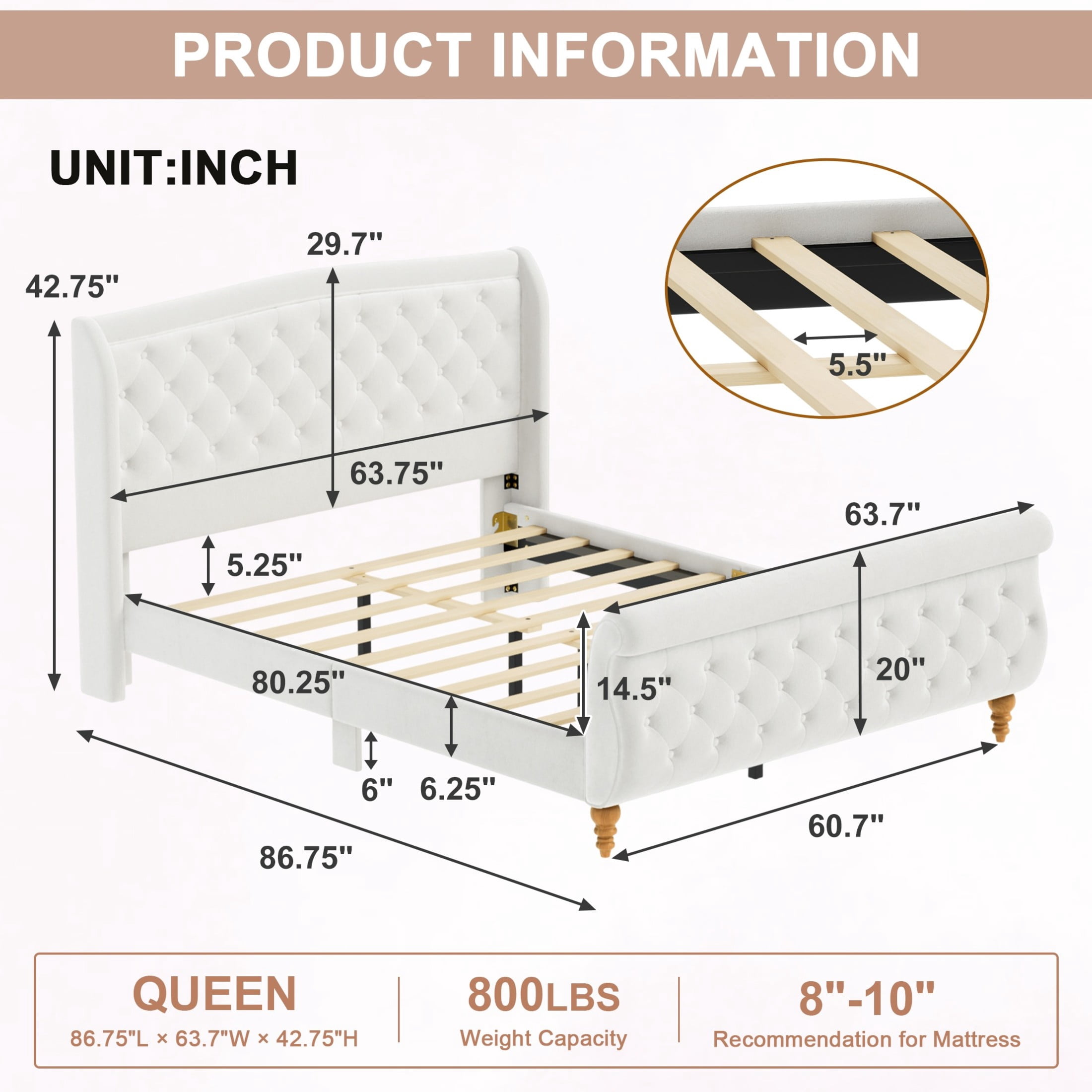 GDF Studio Orlan Queen Size Velvet Upholstered Sleigh Platform Bed Frame with Wood Slat Support, Modern Design, Beige White