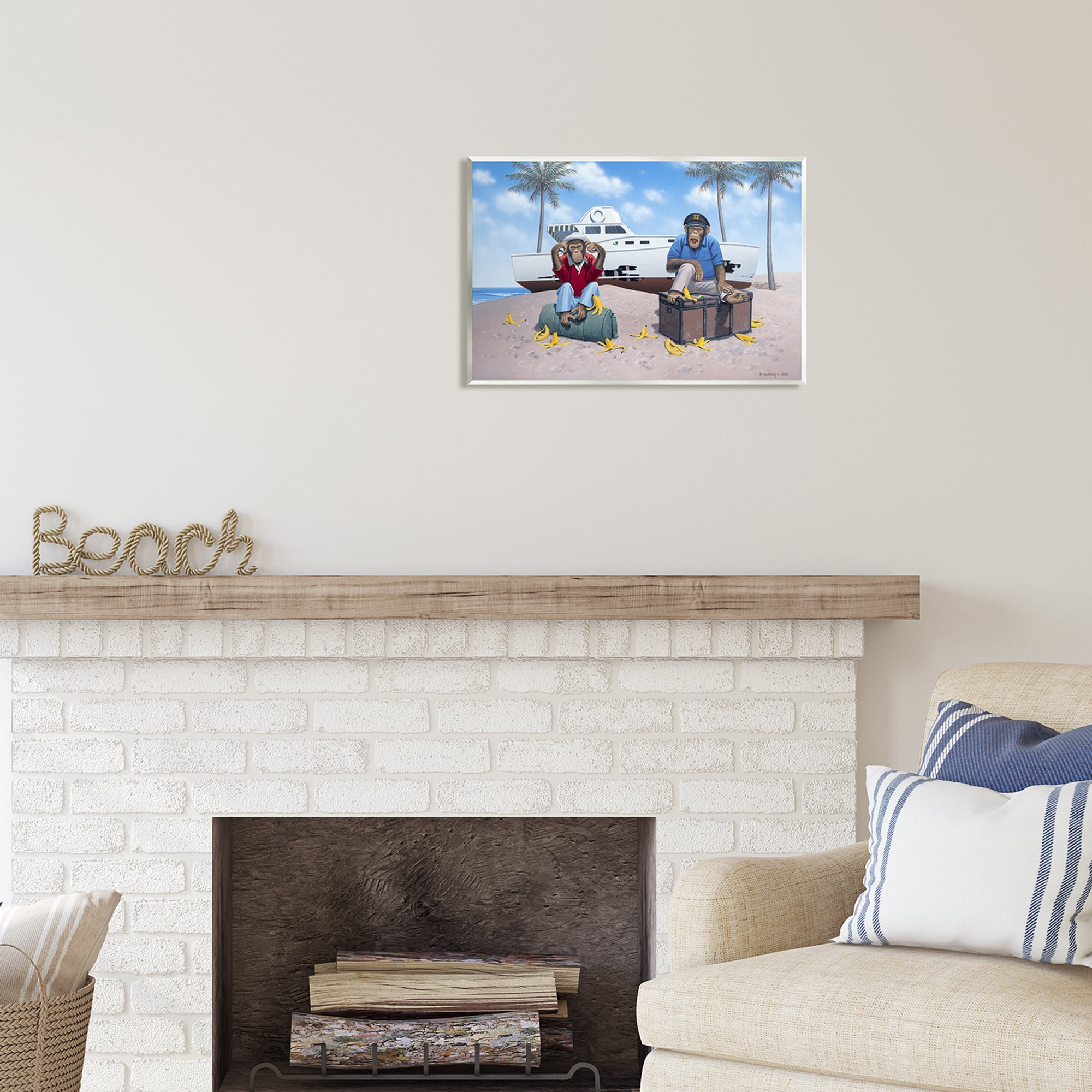 Stupell Industries Chimps & Yacht on Beach Animals & Insects Painting Unframed Art Print Wall Art, 19 x 13