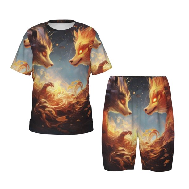 Fotbe Red And Gray Flame Fox Pijama Estampada de 2 Piezas para Niños – Ropa de Dormir de Manga Corta Cómoda para Niños y Niñas, Camiseta y Shorts de Algodón-Large
