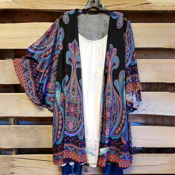 Pntutb Moda Mujer Casual Retro Impresión Media Manga Suelta Cardigan Tops Abrigo Liquidación Pntutb Pntutb-3763