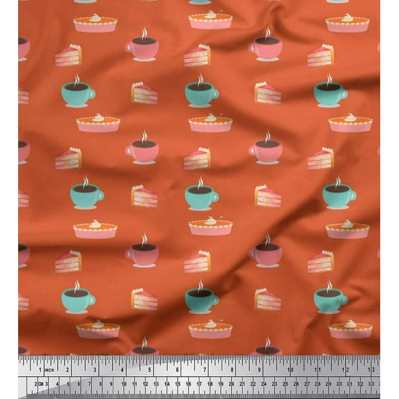 Soimoi Polyester Crepe Fabric Cake Slice & Coffee Beverages Fabric Prints by Yard 52 Inch Wide
