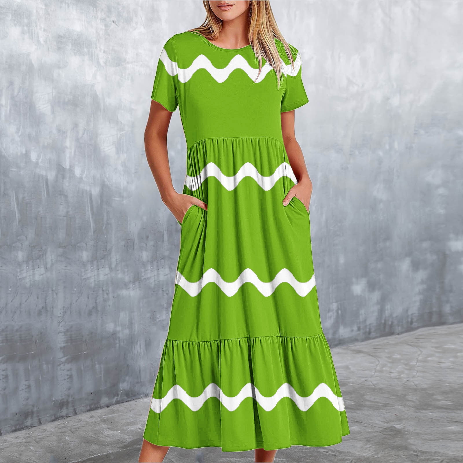 Womens Short Sleeve Mid Long Dress with Pockets Fashion Wave Striped Print Pleated Casual Tiered Maxi T-shirt Dress (XX-Large, Green)