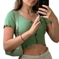 thumbnail image 3 of Caitzr Women Casual Skinny Crop Top Solid Color Ribbed Cloth Short Sleeve Round Collar T-shirt, 3 of 8
