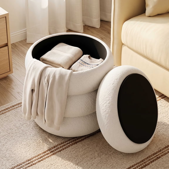 Skandiquip 18.5" Wide Boucle Round Ottoman, 330 LBS Capacity, No Assembly Required, Modern Chair for Living Room Bedroom Entryway, White