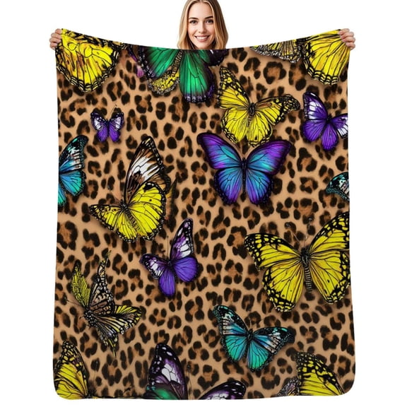 Leopard print colorful butterfly pattern Flannel Blanket Warm Soft Bedding Throws Winter Camping Chair Sofa Bed