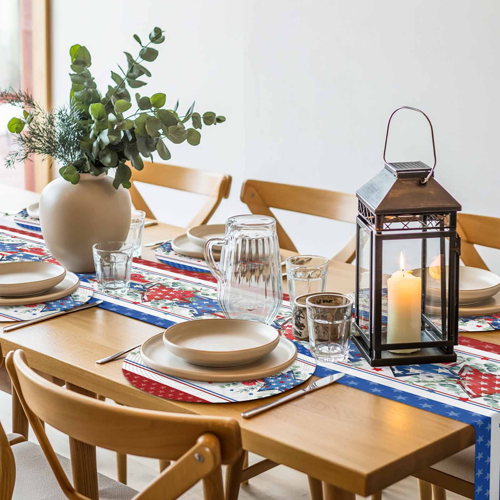 Red White Blue Patriotic Stars Round Table Placemats set of 6, Eucalyptus Leaves Poppy Washable Woven Place Mats for Dining Tables Kitchen Party Decor,Heat Proof, 15in,