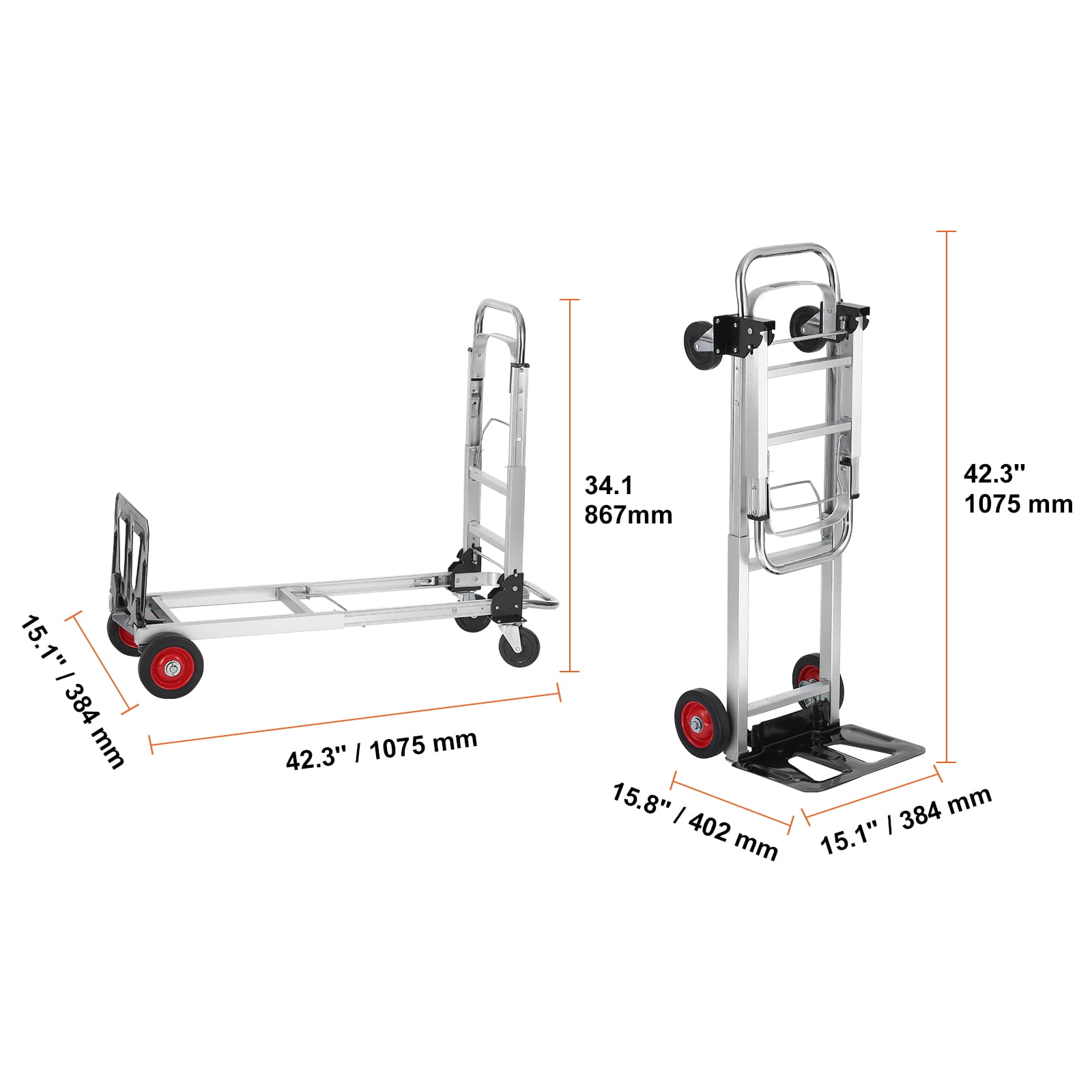 VEVOR Aluminum Folding Hand Truck, 2 in 1 Design 400 lbs Capacity, Heavy Duty Industrial Collapsible cart, Dolly Cart with Rubber Wheels for Transport and Moving in Warehouse, Supermarket, Garden