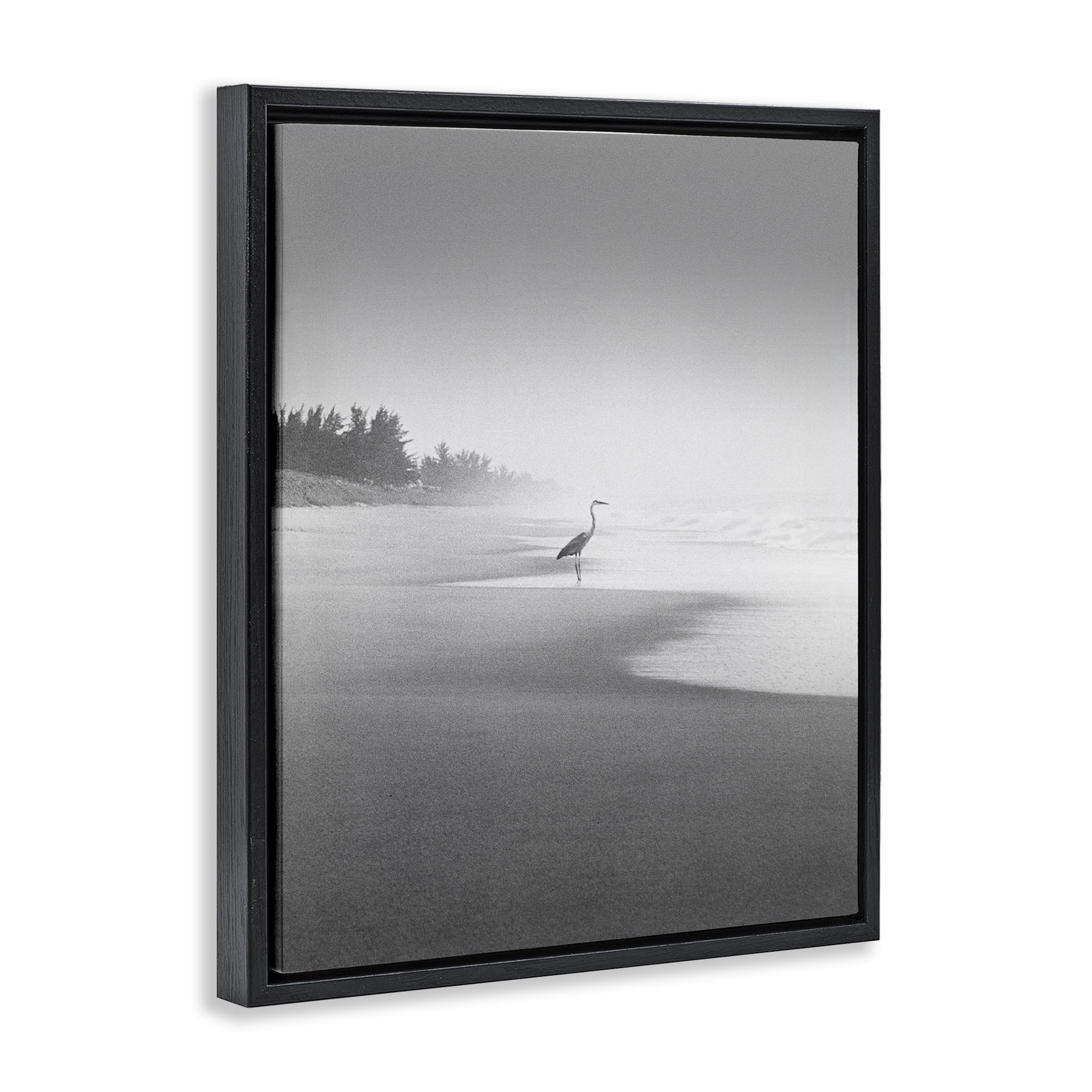 Stupell Industries Heron on Beach Coast Coastal Photography Black Floater Framed Canvas Art Print Wall Art, 25 x 31