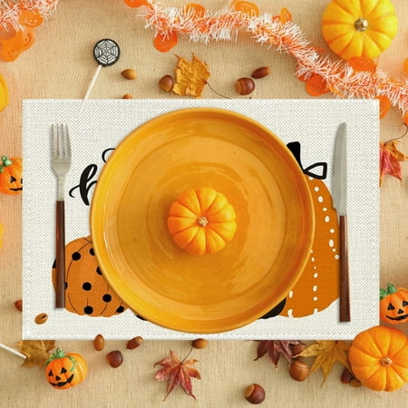 

Pumpkin Fall Placemats Set of 4 12x18 Inch Orange Halloween Place Mats Autumn Thanksgiving Rectangle Table Mats for Kitchen Dining Room Table Outdoor Home Decoration