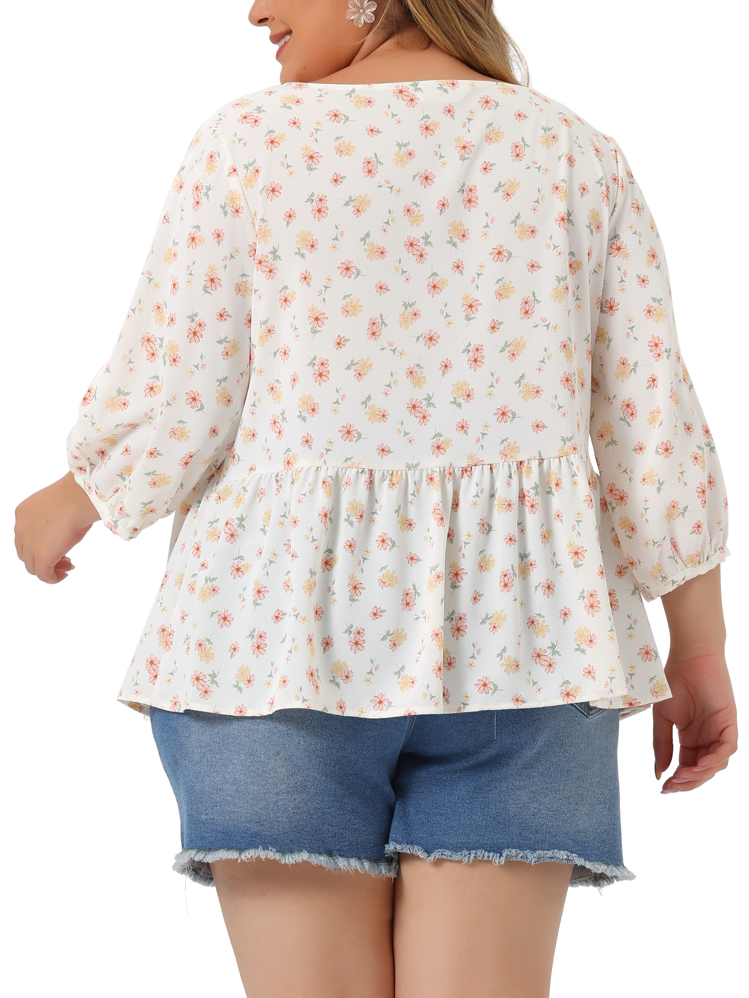 Unique Bargains Women's Plus Size Top 3/4 Sleeve Cut Out Floral Blouses 2X White Red