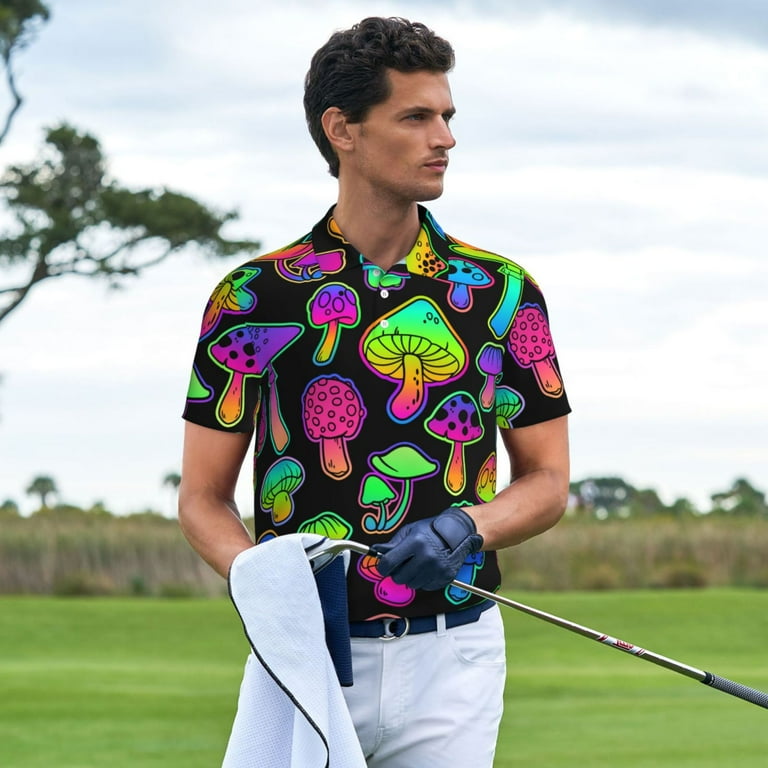 Zeuib Bright Mushrooms Print Men's Athletic Fit Golf Polo Shirt