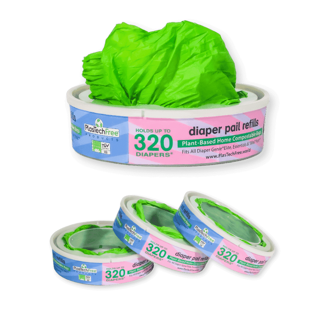 Plastech Products Diaper Pail Refill Ring Canisters, 3 Count - Zero Plastic, 100% Certified Home Compostable Bags, Plant-Based, Green