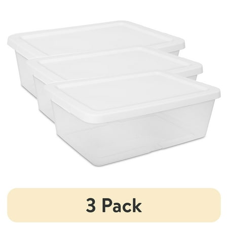 (3 pack) Sterilite 12 Quart Small Storage Bin, Clear Plastic Storage Container with Snap-On Lid, White