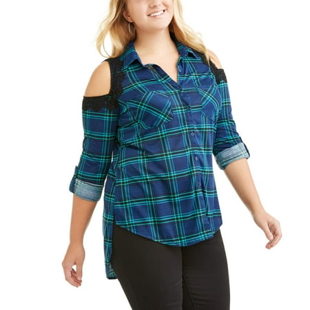 Juniors' Plus Cold Shoulder Plaid Button Down With Crochet Trim