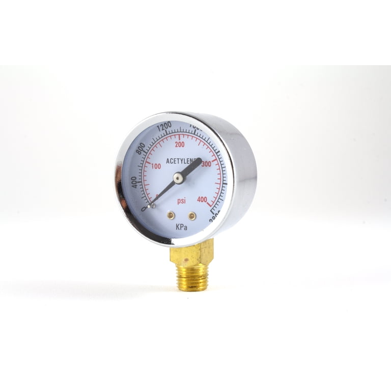 Acetylene Regulator Pressure Gauge Set – Low (0-30 PSI) & High (0-400 PSI), 2.5 Inch Dial, 1/4" NPT Bottom Inlet, Chrome Steel, Pair